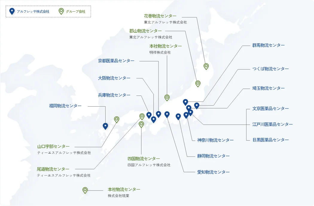 日本地図:アルフレッサ株式会社のグループ会社の所在地をピンで示しています。ピンの内容はこのあとの本文で説明しています。