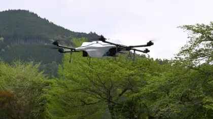 写真:医薬品を積んだドローンが空を飛行している