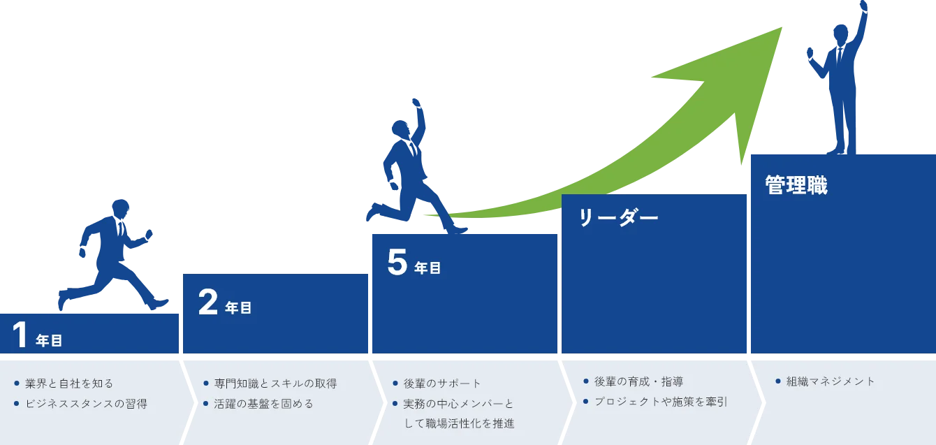 イラスト:新卒入社キャリアステップの図を示しています 内容はこのあとの本文で説明しています
